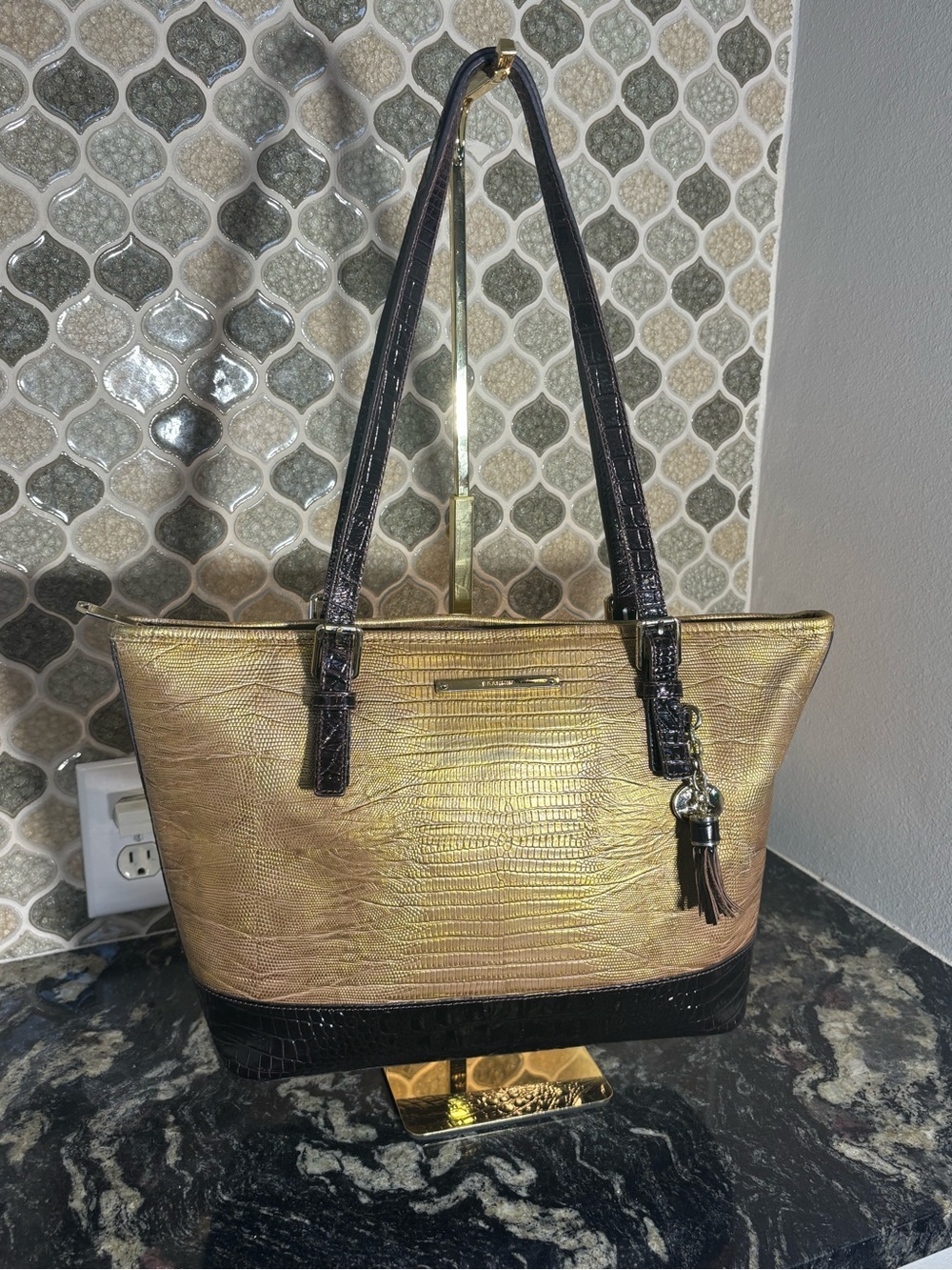 Brahmin Metallic Gold Tote with Black Faux Croc Trim